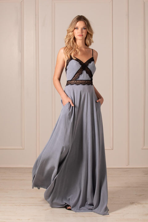 Lace maxi dress open back- gray.