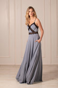Lace maxi dress open back- gray.